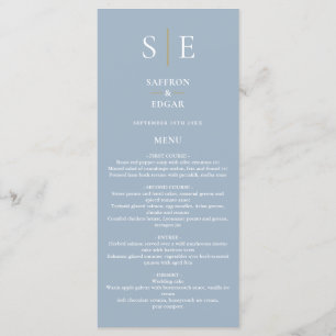 Menu Dîner Mariage Dusty Blue Et Gold Monogram