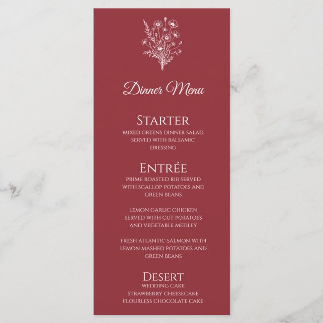 Menu Dîner mariage et Bar Menu-Fleur sauvage Élégance (Devant)