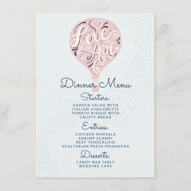 Menu Dîner Mariage Love Pink Balloon Lettré à la main (Devant)