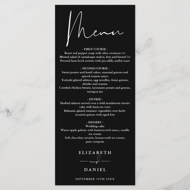 Menu Dîner Mariage Noir Et Blanc De Script Moderne (Devant)