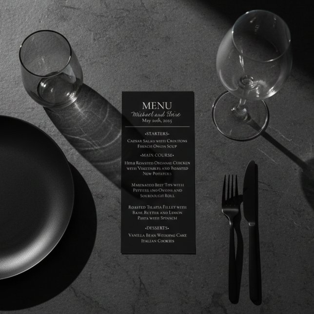 Menu Dîner Mariage noir et blanc moderne (Modern Black Formal Wedding Menu)