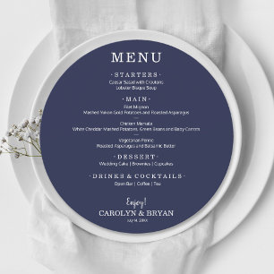 Menu Dîner Mariage rond bleu Sapphire simple et élégant