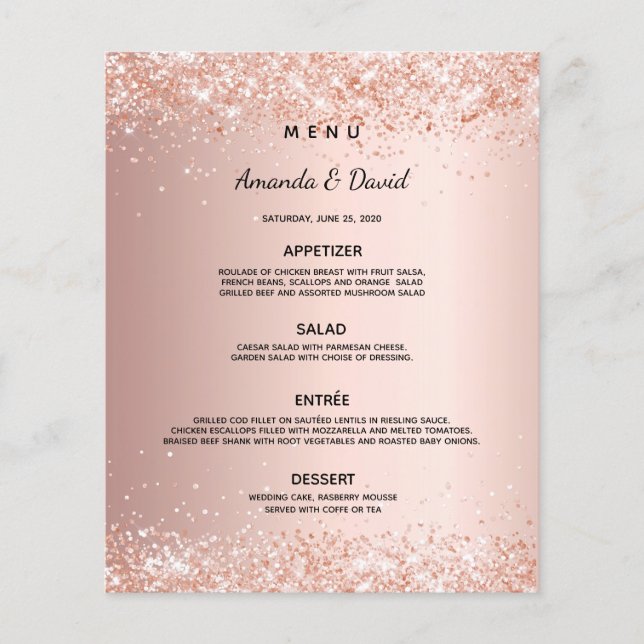 Menu dîner mariage rose or blush (Devant)