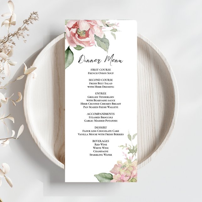 Menu Dîner Mariage rose pâle (Elegant calligraphy script floral wedding menu card template. )