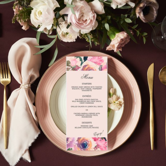 Menu Dîner Mariage tendance Blush Rose Aquarelle (Créateur téléchargé)