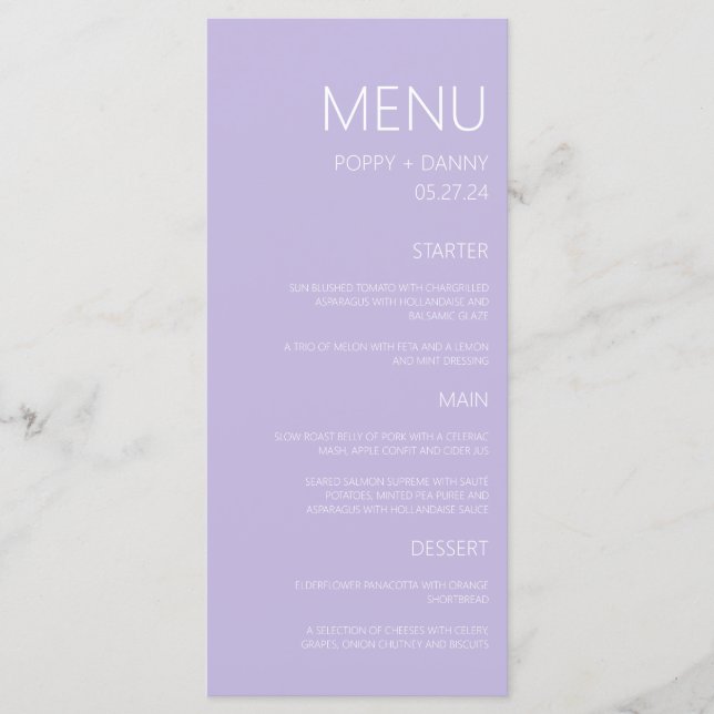 Menu Dîner moderne Pastel Purple Mariage (Devant)