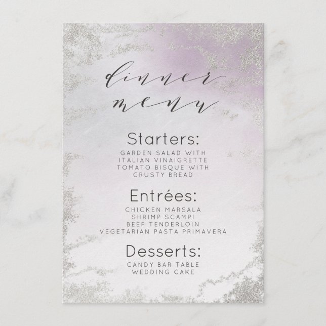 Menu Dîner Ombre Lavender Purple Silver Foil Frosted (Devant)