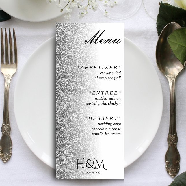Menu Dîner Parties scintillant blanc & argent Réception (White & Silver Glitter Dinner Wedding Reception Menu)