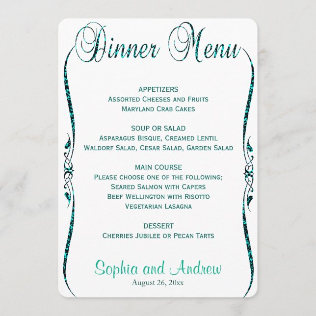 Menu Dîner | Parties scintillant Turquoise élégant (Devant)