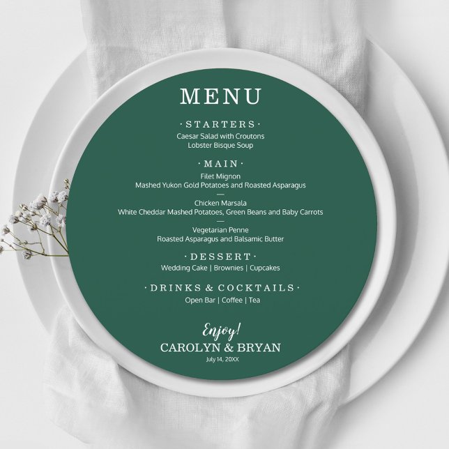 Menu Dîner simple Élégant Emerald Green Round Mariage (Créateur téléchargé)