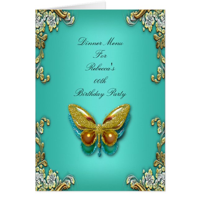 Menü Dinner Card Gold Aquamarin Blue Butterfly (Vorne)