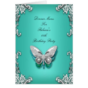 Menu Dinner Card Silver Turquoise Blue Butterfly