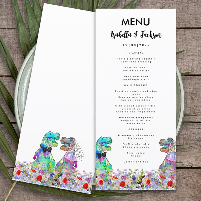 Menu Dinosaur thème Mariage Fleur sauvage coloré (Dinosaur themed wedding menu with colorful T-Rex bride and groom in a colorful wildflower meadow)