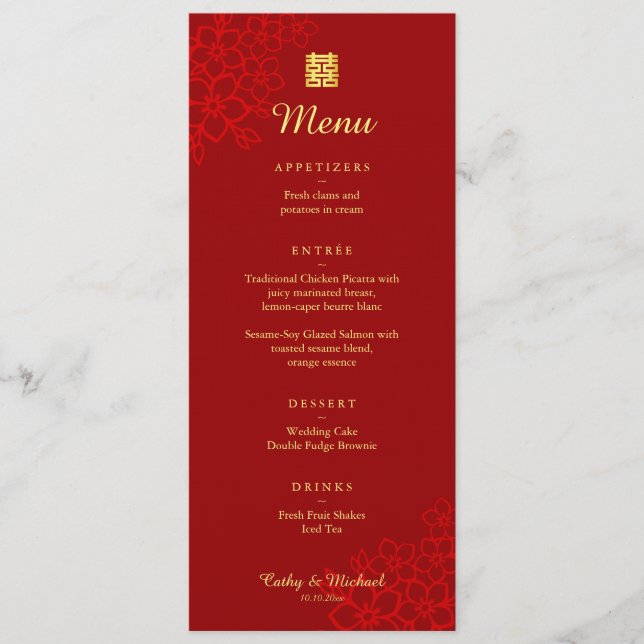 Menu Double rouge bonheur mariage chinois floral (Devant)