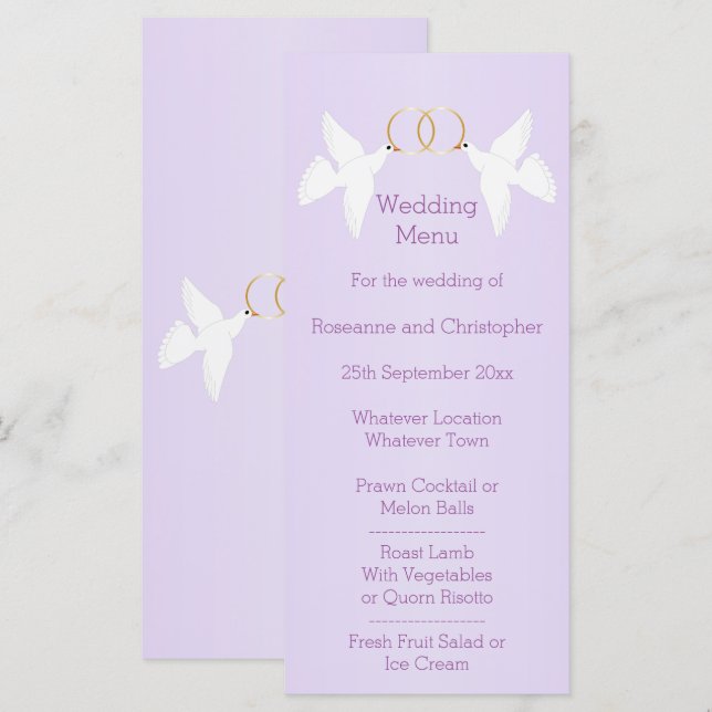 Menu Doves Design Mariage couleur Lilac (Devant / Derrière)