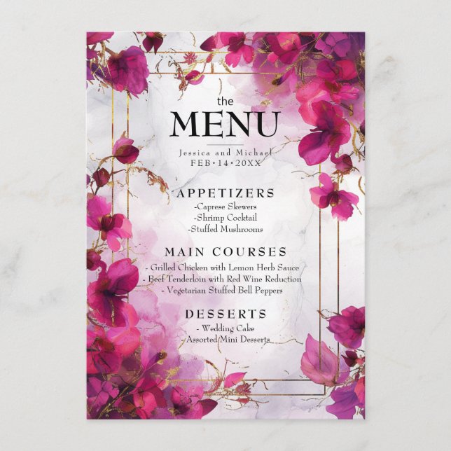 Menü & Drink Fuchsia Verzauberung: Wasserfarbe Menükarte (Vorderseite)