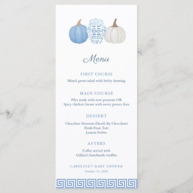 Menu du Baby shower Citrouille bleu Preppy Chinois (Devant)