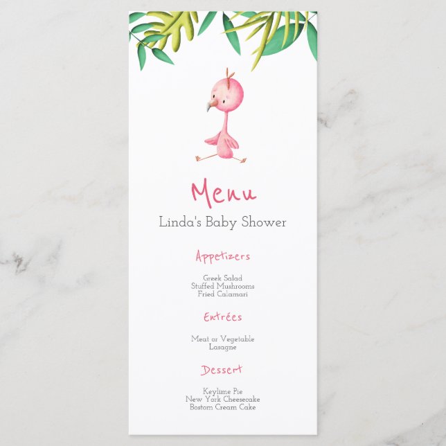 Menu du Baby shower de Flamant rose rose d'été tro (Devant)