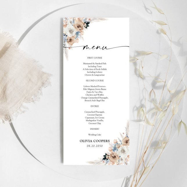 Menu Du Baby shower Floral Ivory And Blue Boho (Créateur téléchargé)