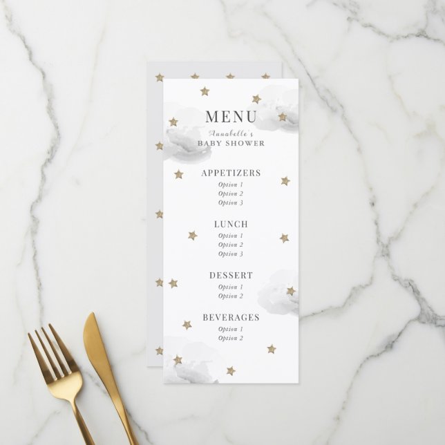 Menu du Baby shower gris Little Star Twinkle (Devant/Arrière en situation)