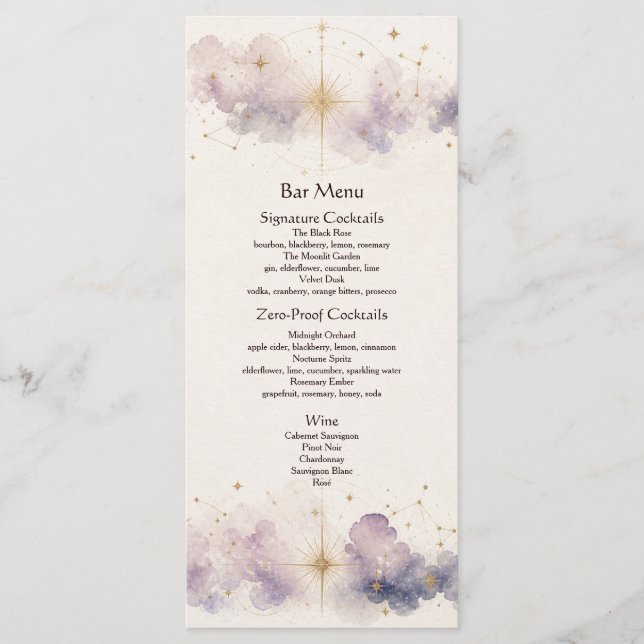 Menu du Bar de Mariage Céleste (Devant)