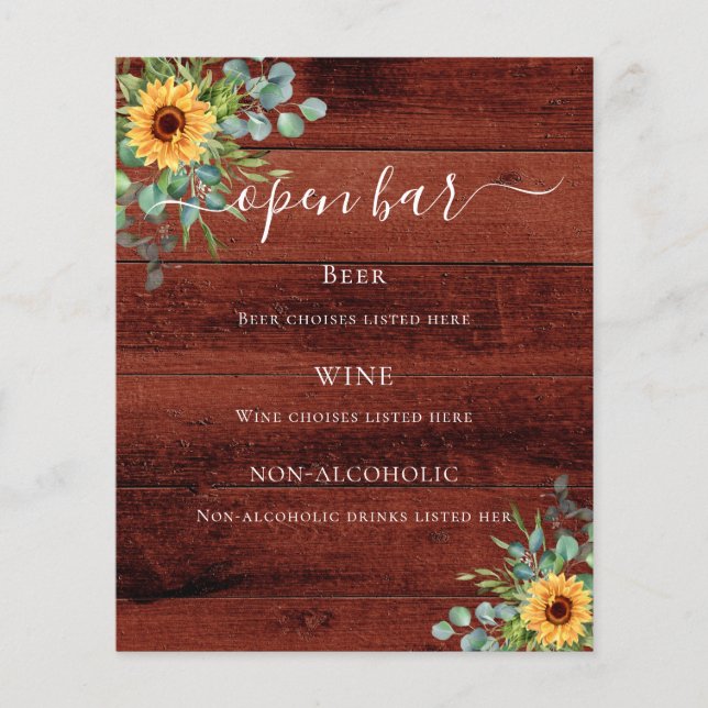 Menu du bar en bois brun tournesols eucalyptus (Devant)