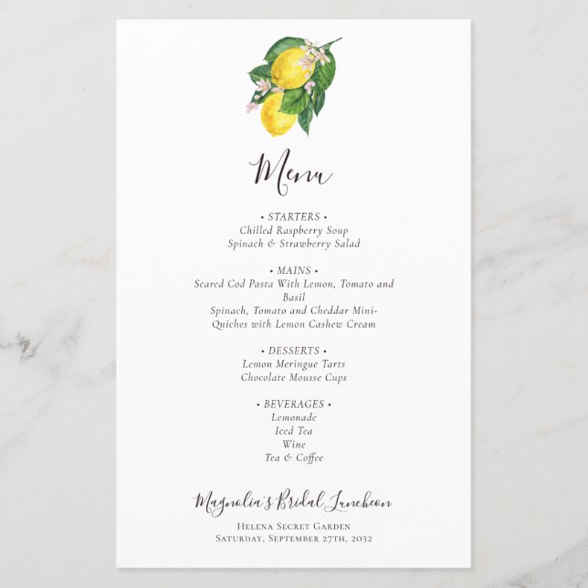Menu du déjeuner nuptial Citrus Lemon BUDGET (Devant)