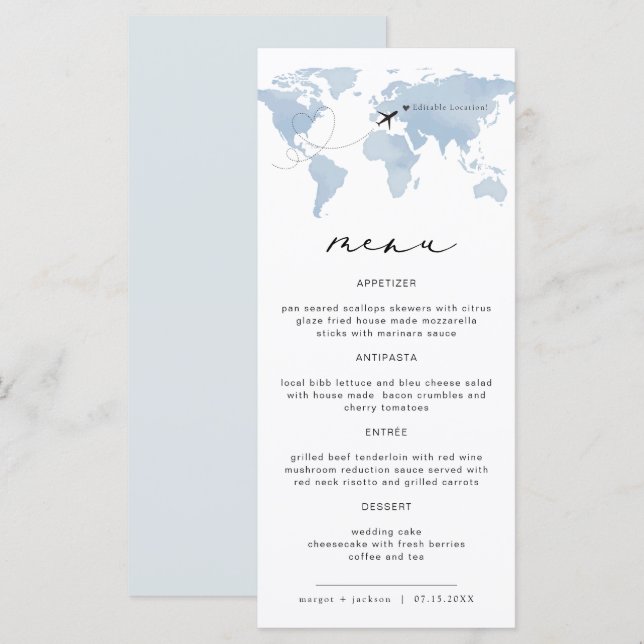Menu du dîner de destination sur carte bleue | Car (Devant / Derrière)