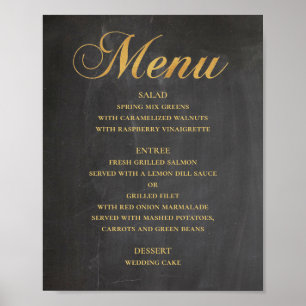 Menu du dîner de mariage doré. Tableau noir élégan