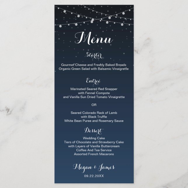 Menu du dîner de mariage rustique sous les étoiles (Devant)