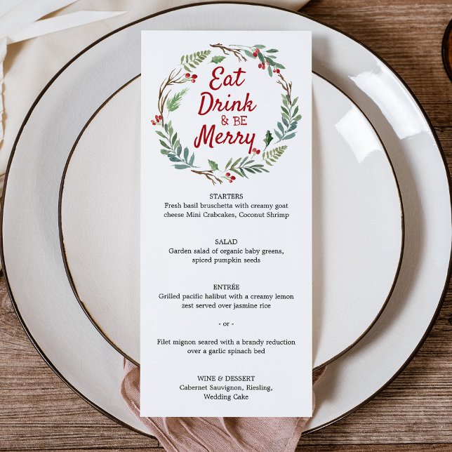 Menu du dîner de Noël Mangez Buvez et soyez Joyeux (Eat Drink and be Merry Christmas Dinner Menu Card)