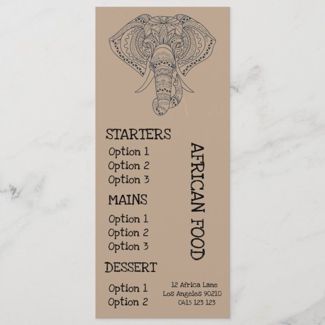 Menu du dîner de restaurant africain (Devant)