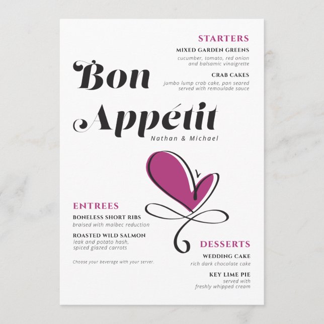 Menu du dîner Mariage Bon Appetit (Devant)