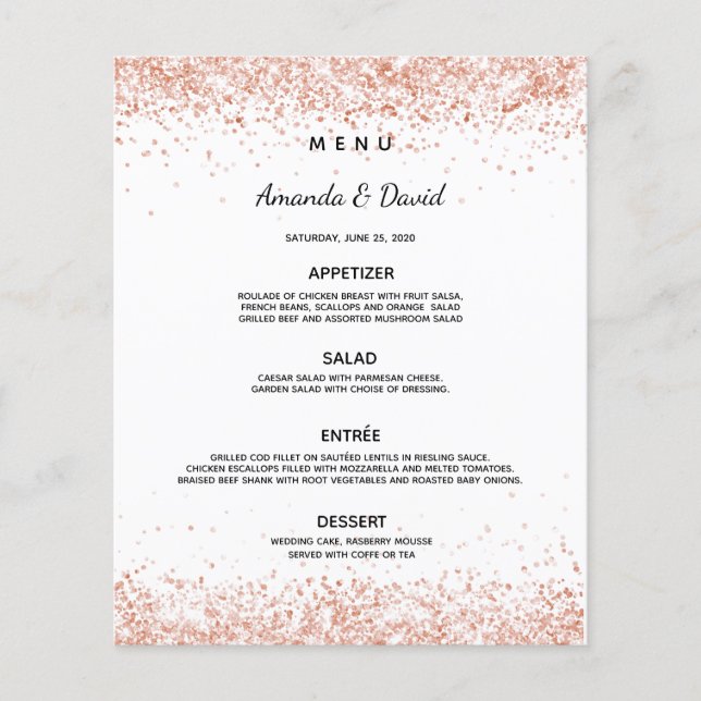 Menu du dîner mariage confetti d'or rose blanche (Devant)