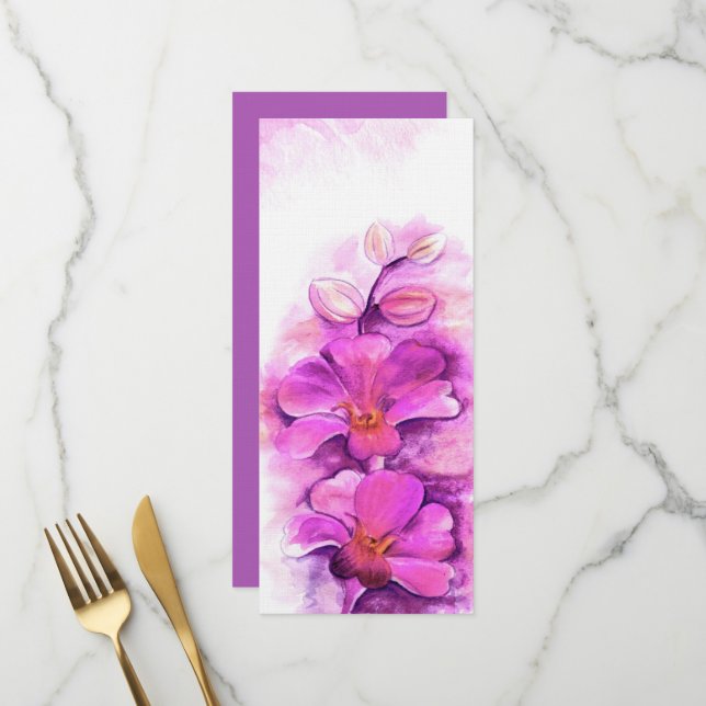 Menu du dîner mariage orchidée rayonnante stylisée (Devant/Arrière en situation)