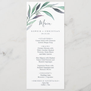 Menu du dîner Mariage pourpre et vert Eucalyptus