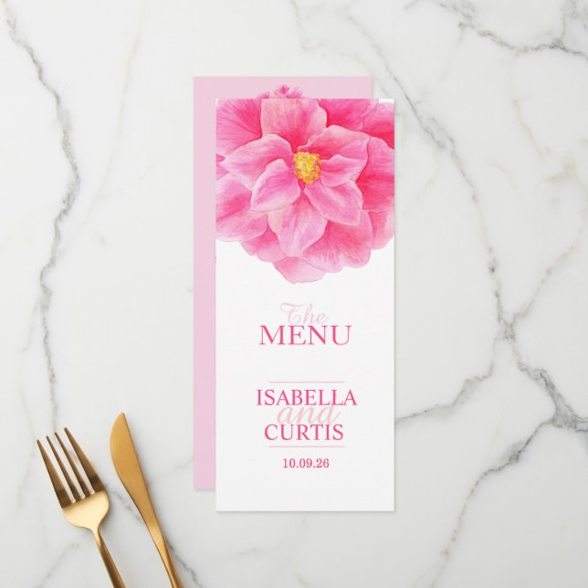 Menu du dîner mariage rose Camellia (Devant/Arrière en situation)