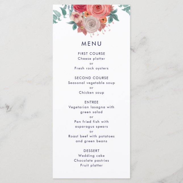 menu du dîner mariage rouge rose marine bleu (Devant)