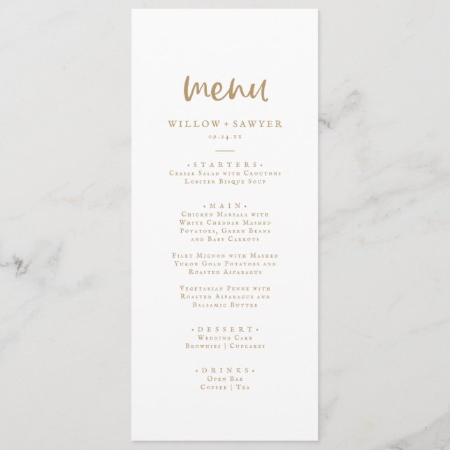 Menu du dîner Mariage Rustic Gold Script (Devant)
