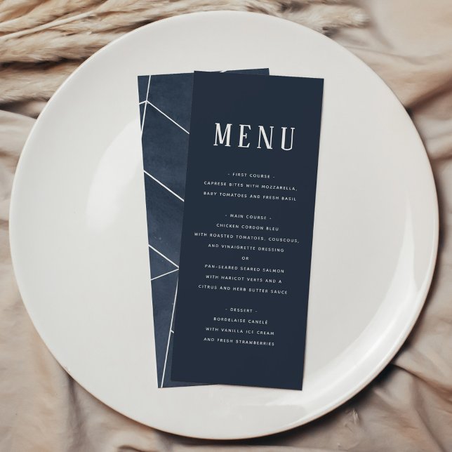 Menu du gala géométrique couleur bleu marine (Navy Blue Watercolor Geometric Gala Menu)