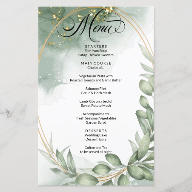Menu du Mariage de feuillage moderne Vert Or (Devant)