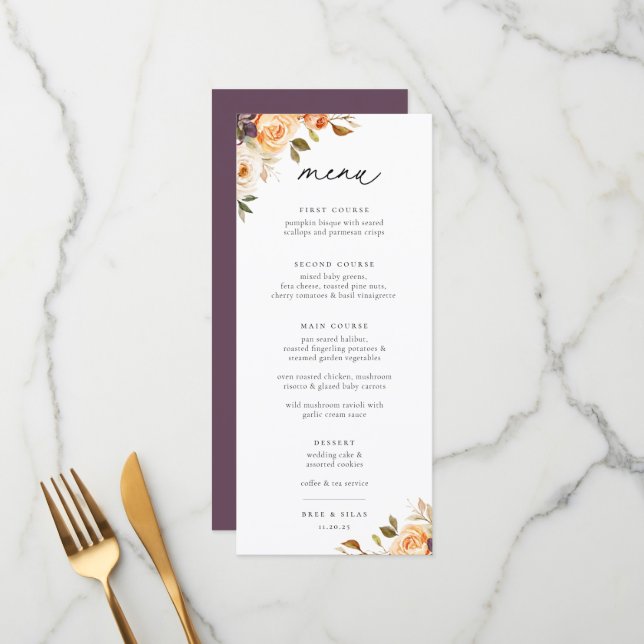 Menu du Mariage de fleurs d'automne de Terre (Devant/Arrière en situation)