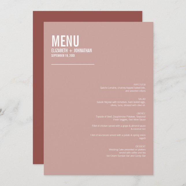 Menu du Mariage de typographie Rose Boho Dusty sim (Devant / Derrière)