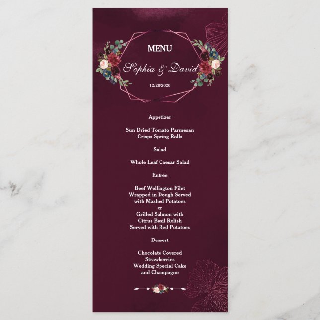 Menu du Mariage géométrique Royal Bourgogne Floral (Devant)