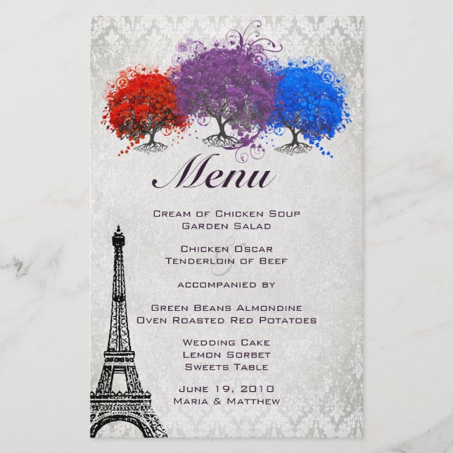Menu du Mariage Radiant Purple Heart Leaf Tree (Devant)