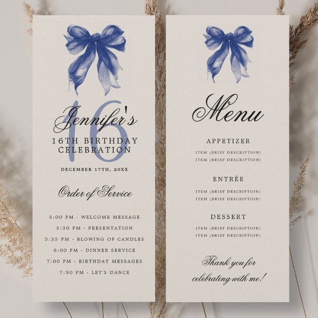 Menu du programme d'anniversaire 16 ans Bleu Nuit  (Elegant Navy Blue Bow 16th Birthday Program Menu)