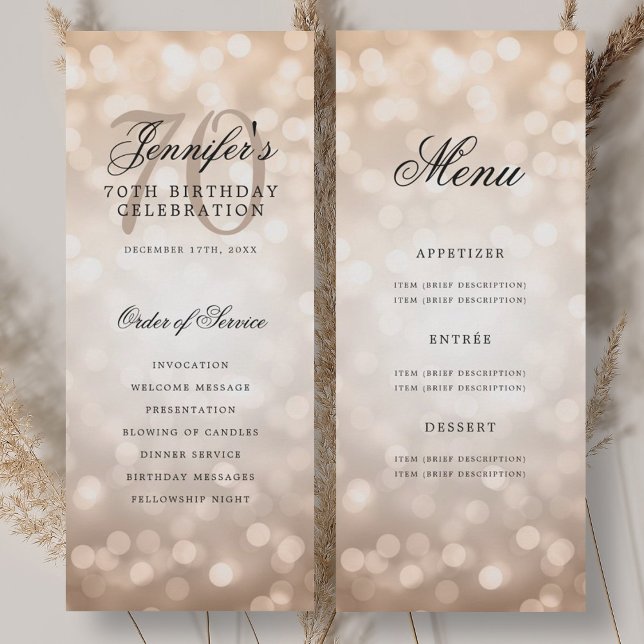 Menu du programme d'anniversaire de 70 ans Elegant (Elegant Rose Gold Bokeh 70th Birthday Program Menu)
