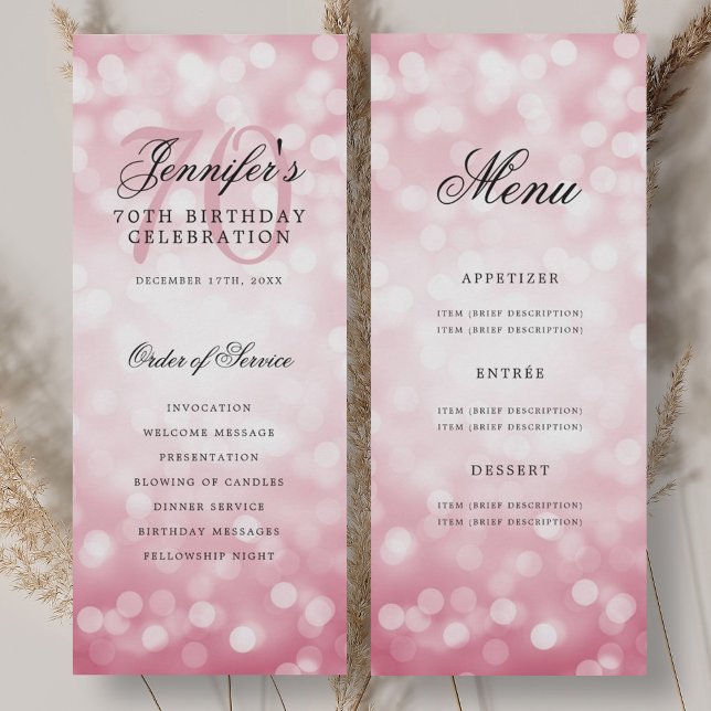 Menu du programme d'anniversaire des 70 ans Blush  (Blush Pink Bokeh 70th Birthday Program Menu)