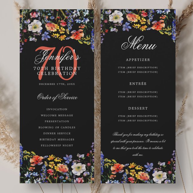Menu du programme de 70e anniversaire floral Merci (Floral 70th Birthday Program Menu Thank You Black)
