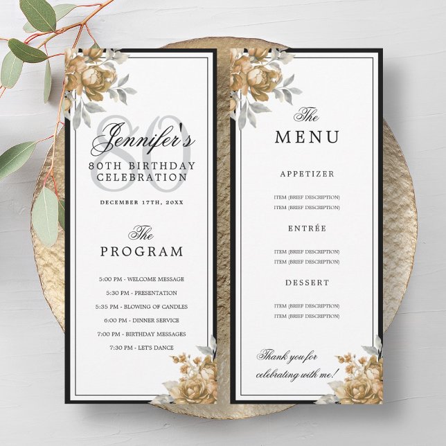 Menu du programme du 80e anniversaire avec fleurs  (Elegant Gold Floral 80th Birthday Program Menu )